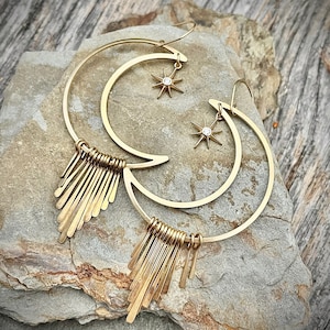 Gold Brass Crescent Fringe Dangle Earrings • Large Moon Earrings