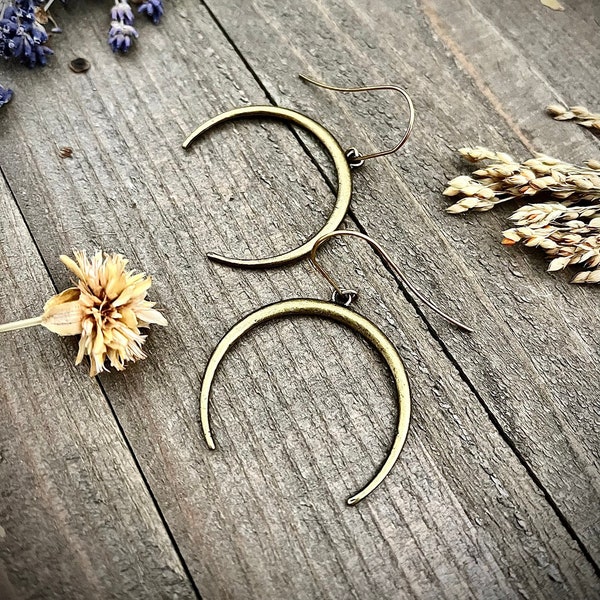 Sleek Bronze Moon Earrings • Crescent Dangles • Crescent Moon Earrings • Simple Celestial Earrings