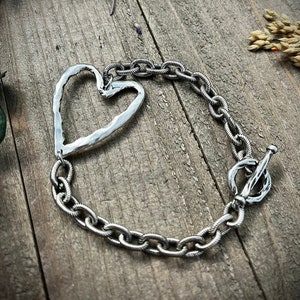 Silver Pewter Chunky Heart Toggle Bracelet