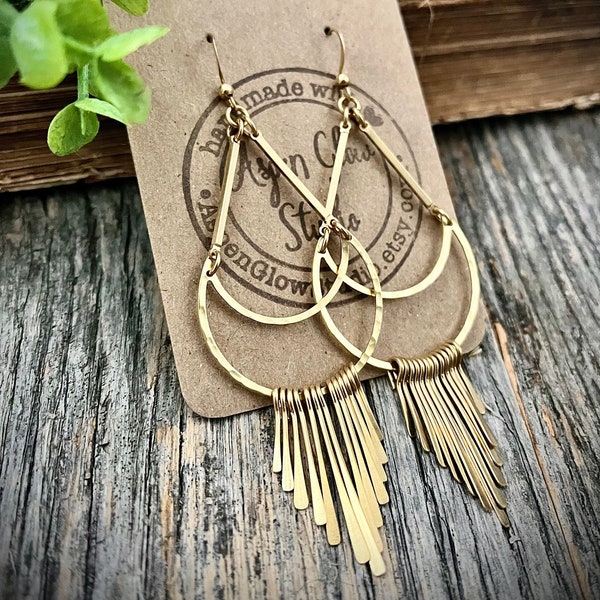 Gold Brass Fringe Crescent Statement Earrings