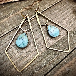 Gold Brass Rhombus Earrings: Blue Jasper Geometric Dangle