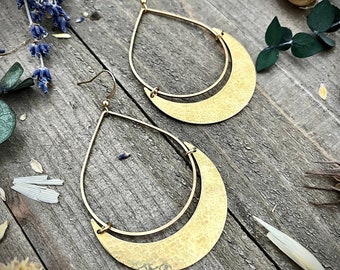 Large Hammered Teardrop Earrings • Simple Large Hoop Earrings • Handmade Gold Brass Earrings