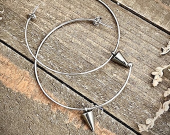 Big Simple Silver Spiked Hoop Earrings • Large Hoops