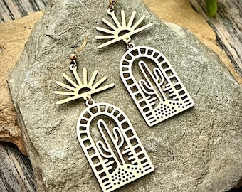 Sunrise Cactus Earrings • Gold Brass Statement Earrings