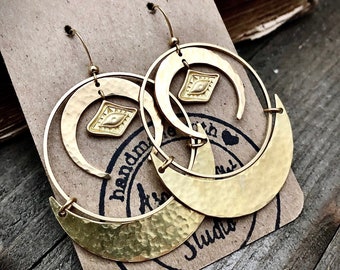 Hammered Brass Crescent Moon Earrings: Gold Evil Eye Hoops
