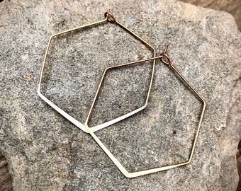 Minimalist Hexagon Hoop Earrings • 1.5” Gold Hex Hoops • Geometric Gold Brass Earrings • Lightweight