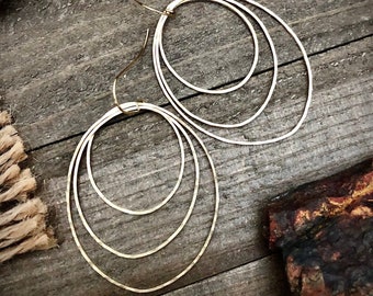 Organic Triple Hoops • Gold Brass Earrings • Large Earrings • Statement Hoop Earrings • Lightweight