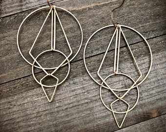 Geometric Earrings • Brass Geometric Dangles • Abstract Dangles • Large Statement Earrings • Lightweight