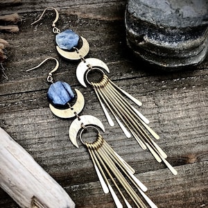 Gold Moon Kyanite Fringe Earrings: Brass Statement Jewelry