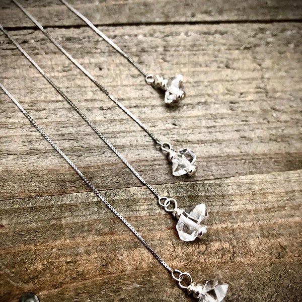 Sterling Silver Herkimer Diamond Threader Earrings • Herkimer Quartz Earrings • Minimalist Long Chain Earrings