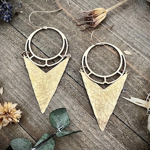 Triangle Hoop Dangles • Large Hammered Earrings • Large Statement Earrings • Gold Brass Statement Earrings