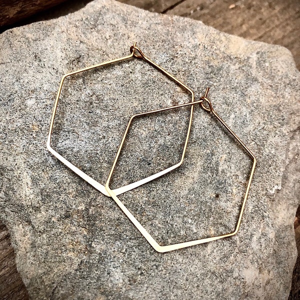 Minimalist Hexagon Hoop Earrings • 1.5” Gold Hex Hoops • Geometric Gold Brass Earrings • Lightweight