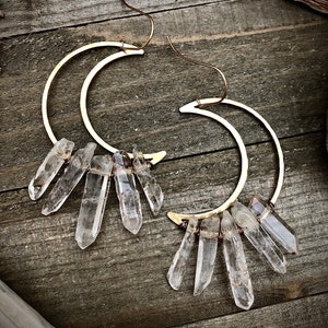 Quartz Moon Earrings: Brass Crescent with Crystal Points