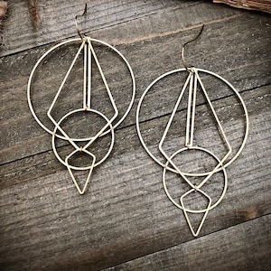 Brass Geometric Dangle Earrings: Lightweight Abstract Statement