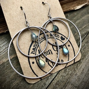 Silver Labradorite Hoop Earrings • Large Circle Dangles • Silver Labradorite Earrings • Large Hoop Earrings