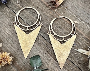 Triangle Hoop Dangles • Large Hammered Earrings • Large Statement Earrings • Gold Brass Statement Earrings