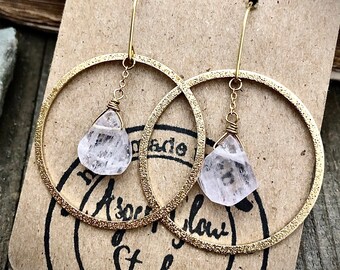 Kunzite Gold Hoop Earrings • Lightweight
