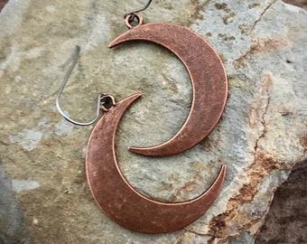 Copper Crescent Moon Earrings: Celestial Dangles