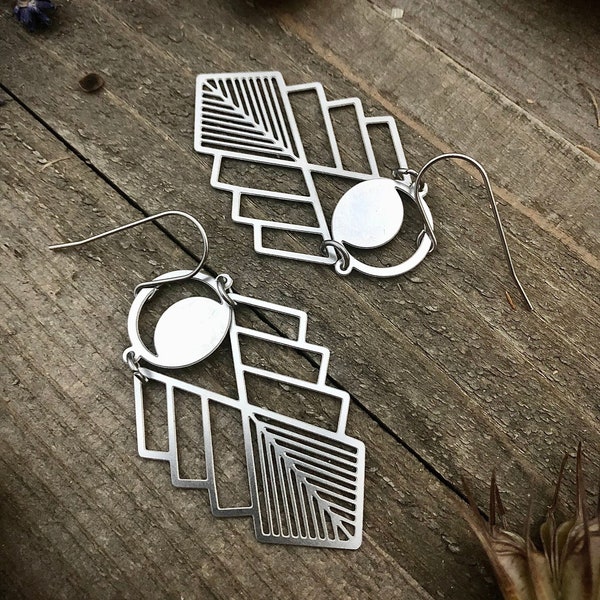 Silver Geometric Moon Earrings • Lightweight Statement Earrings