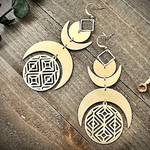 Gold Brass Geometric Dangle Earrings: Crescent Statement Jewelry