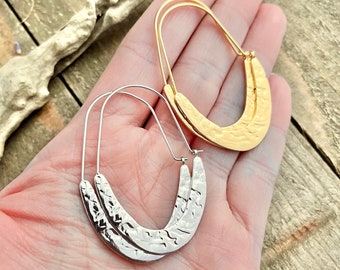 Gold or Silver Organic Hammered Crescent Hoops • Hoop Earrings