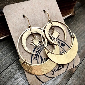 Gold Brass Sun Moon Earrings • Gold Crescent Hoops • Crescent Moon Earrings • Hammered Crescent Moon Earrings