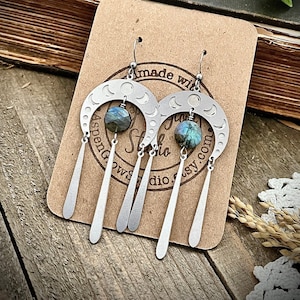 Silver Stainless Steel Labradorite Moon Phase Earrings