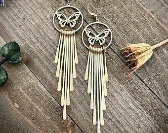 Long Gold Fringe Butterfly Earrings • Statement Earrings • Gold Statement Earrings • Gold Fringe Earrings