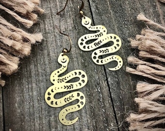 Gold Serpent Dangle Earrings • Serpentine Earrings • Snake Earrings • Lightweight