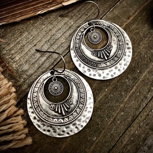 Silver Round Dangle Earrings • Bohemian Statement Earrings • Silver Disc Earrings • Silver Statement Earrings