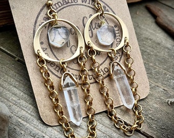 Clear Crystal Quartz Earrings • Gold Brass Chain Earrings