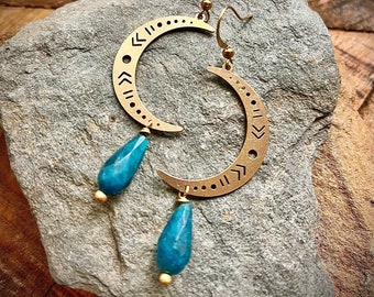 Gold Brass Apatite Crescent Earrings