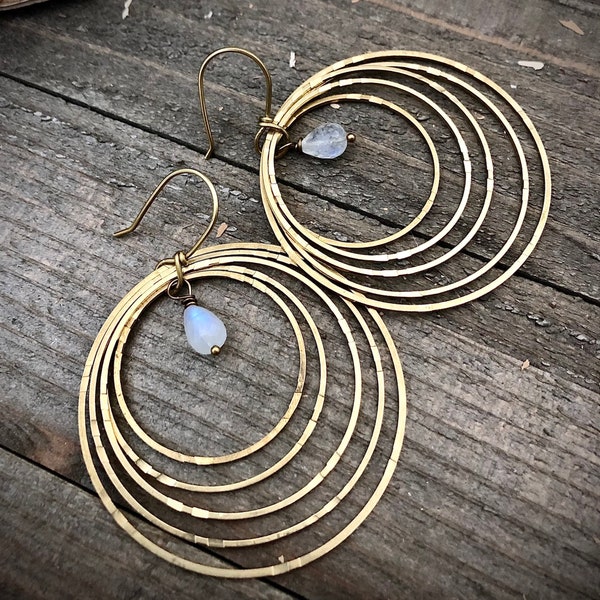 Gold Brass Rainbow Moonstone Earrings • Gold Hoop Moonstone Earrings