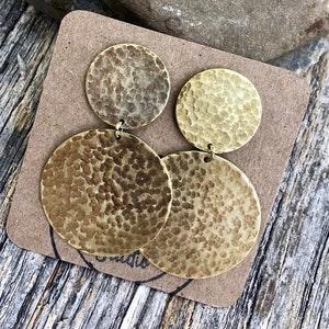 Gold Brass Disc Drop Earrings • Large Statement Coin Earrings • Large Hammered Disc Post Earrings