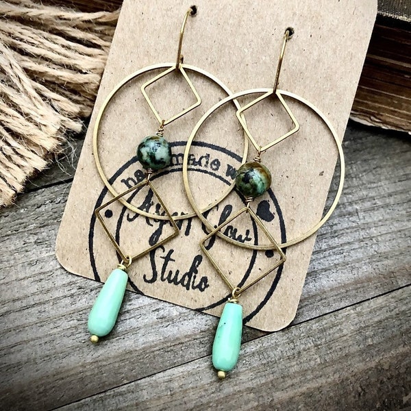 Gold Brass African Turquoise Chrysoprase Earrings  • Geometric Lightweight Earrings