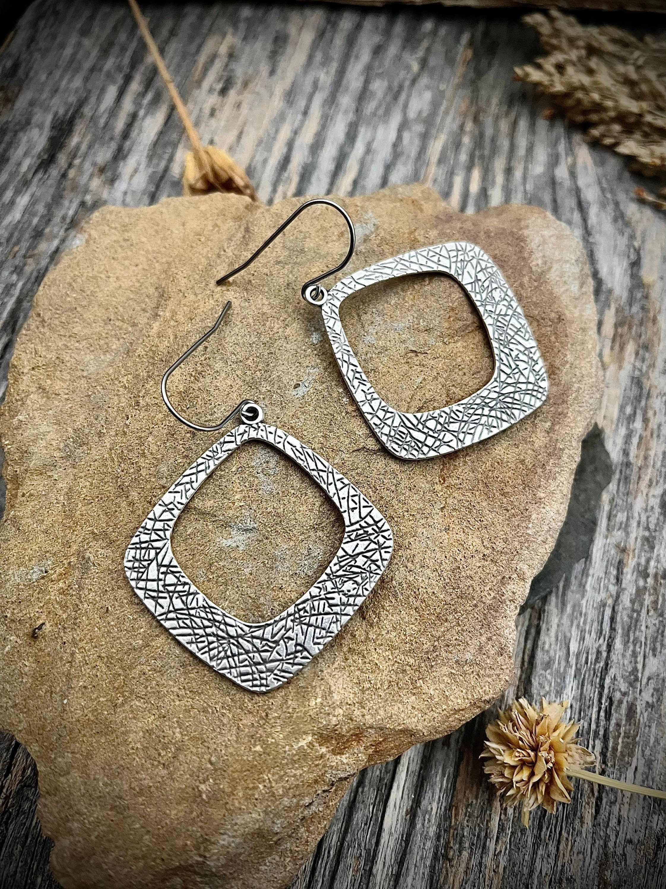 Silver Textured Organic Square Earrings - Etsy
