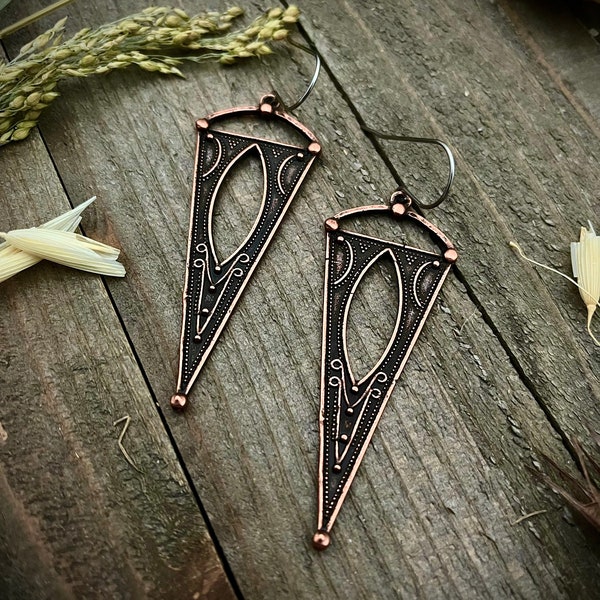 Boho Copper Dangle Earrings • Bohemian Statement Earrings • Copper Triangle Earrings • Copper Statement Earrings