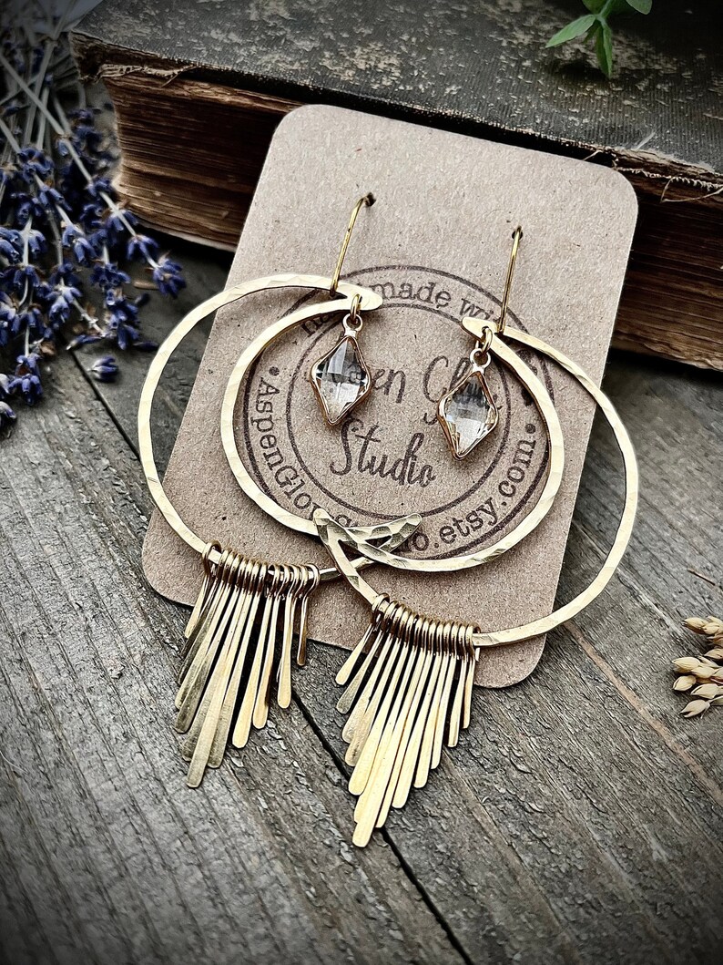 Gold Crescent Fringe Dangle Earrings Large Moon Earrings Etsy