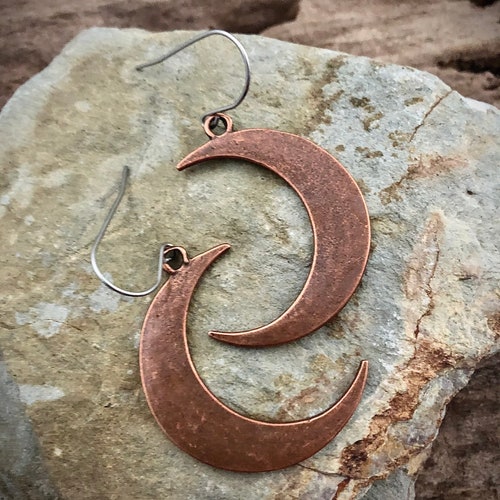 Copper Crescent Moon Earrings: Celestial Dangles