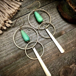 Gold Geometric Earrings: Brass Chrysoprase Dangles