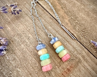 Silver Stainless Steel Gemstone Threader Earrings