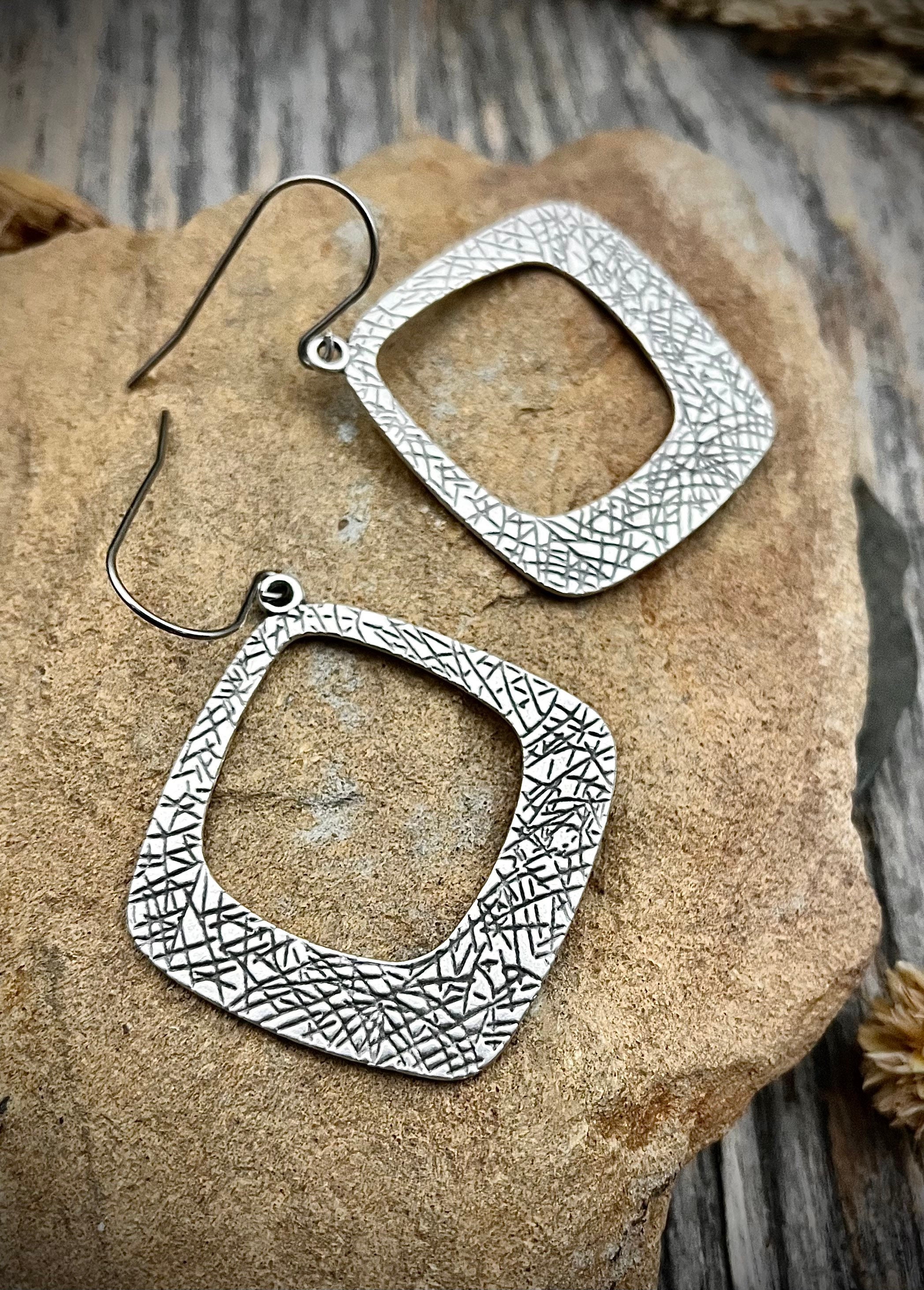 Silver Textured Organic Square Earrings - Etsy