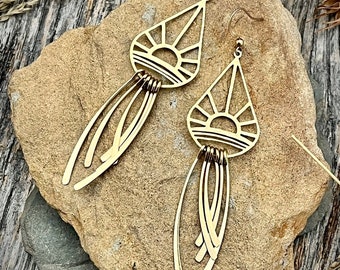 Gold Brass Sunrise Sunset Earrings • Statement Earrings • Gold Statement Earrings • Gold Fringe Earrings