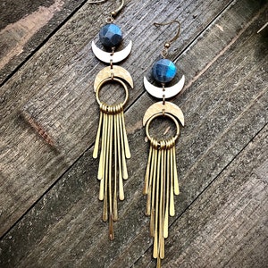 Gold Moon Labradorite Earrings Fringe Statement Earrings - Etsy