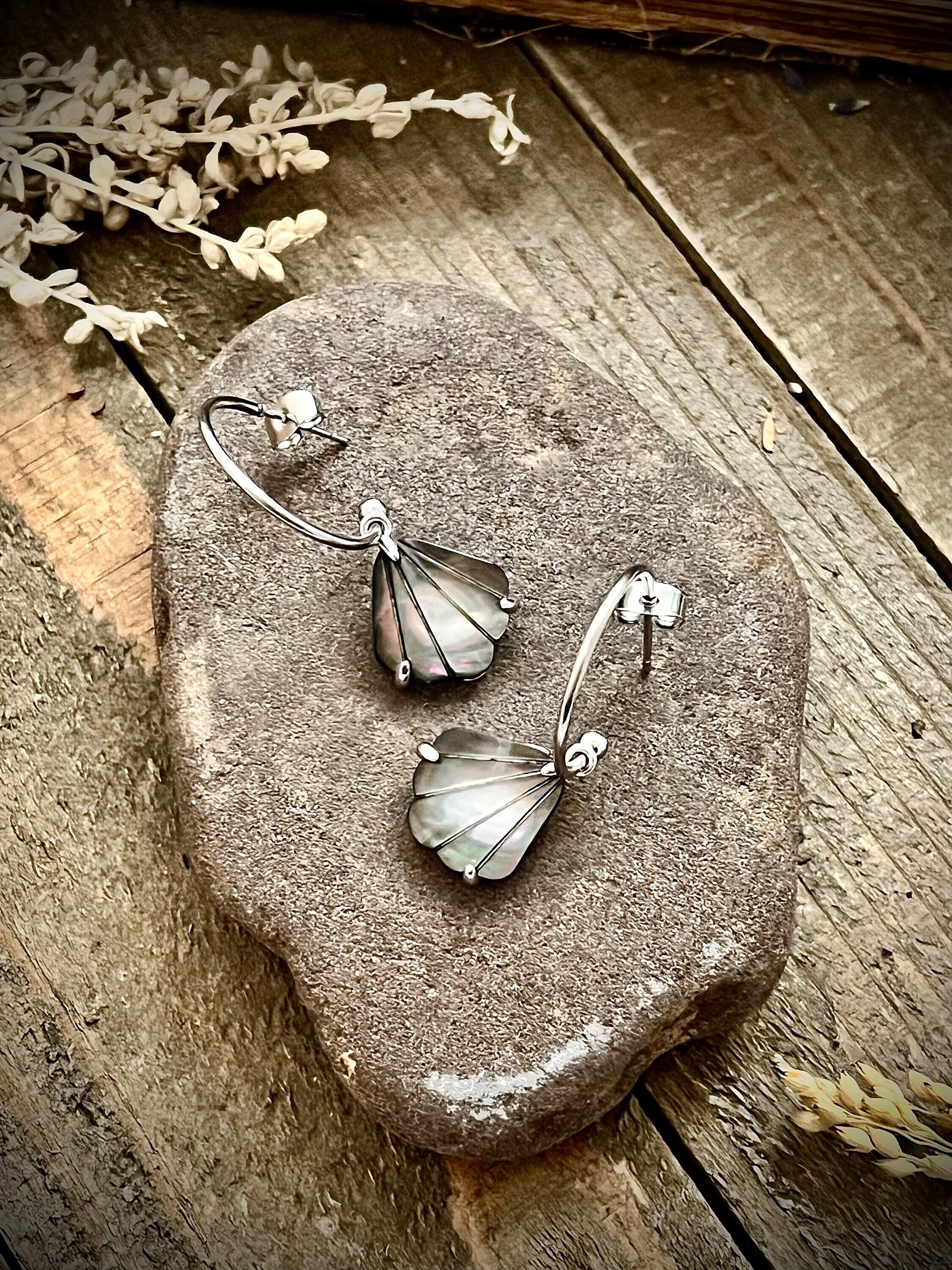 Silver Black Mother of Pearl Shell Hoop Earrings • Silver Hoops Dangles