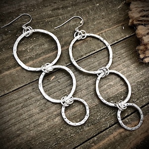 Large Graduated Silver Ring Earrings • Silver Bohemian Statement Earrings • Extra Long Dangles • Round Circle Earrings