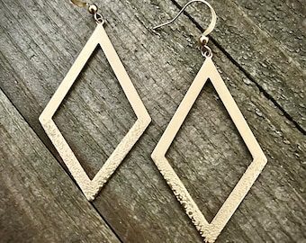 Gold Brass Textured Rhombus Earrings • Geometric Lightweight