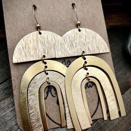 Etched Arch Brass Dangle Earrings: Gold Statement Jewelry