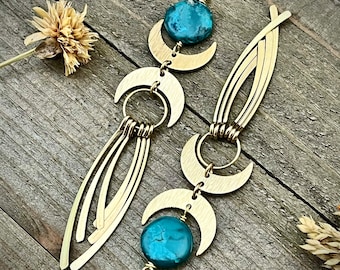 Turquoise Crescent Fringe Dangle Earrings •  Lunar Fringe Dangles • Gold Brass Earrings