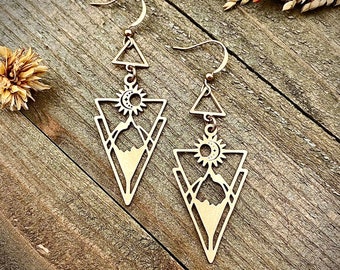 Gold Brass Mountain Triangle Earrings • Mountain Sun Moon Earrings • Abstract Earrings